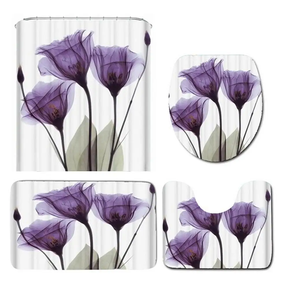 

3pcs Toilet Seat Shower Curtain Set Purple Lotus Shower Curtain Shower Curtain Base Carpet Cover Toilet Cover Bathroom Accessory