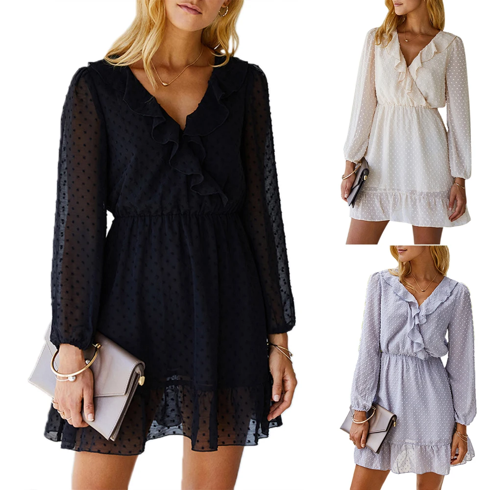 

Womens Vintage V Neck Mini Dress Casual A-line Ladies Long Sleeve Ruffle High Waist Dresses Female Party Vestidos