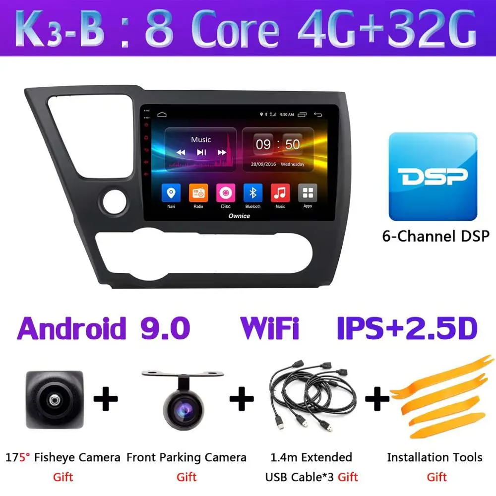 K3-B 360°AHD Камера Android 9,0 4G Оперативная память+ 64G Встроенная память SPDIF DSP CarPlay Автомобильный мультимедийный gps радио плеер для Honda Civic EX-L купе 2013 - Цвет: K3-B