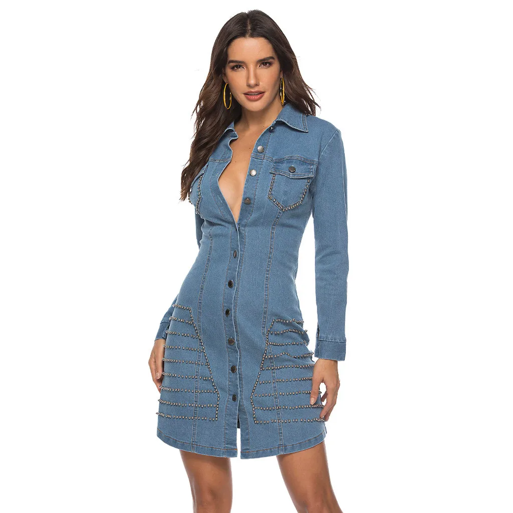 Женское мини джинсовое платье повседневное с длинным рукавом отложным