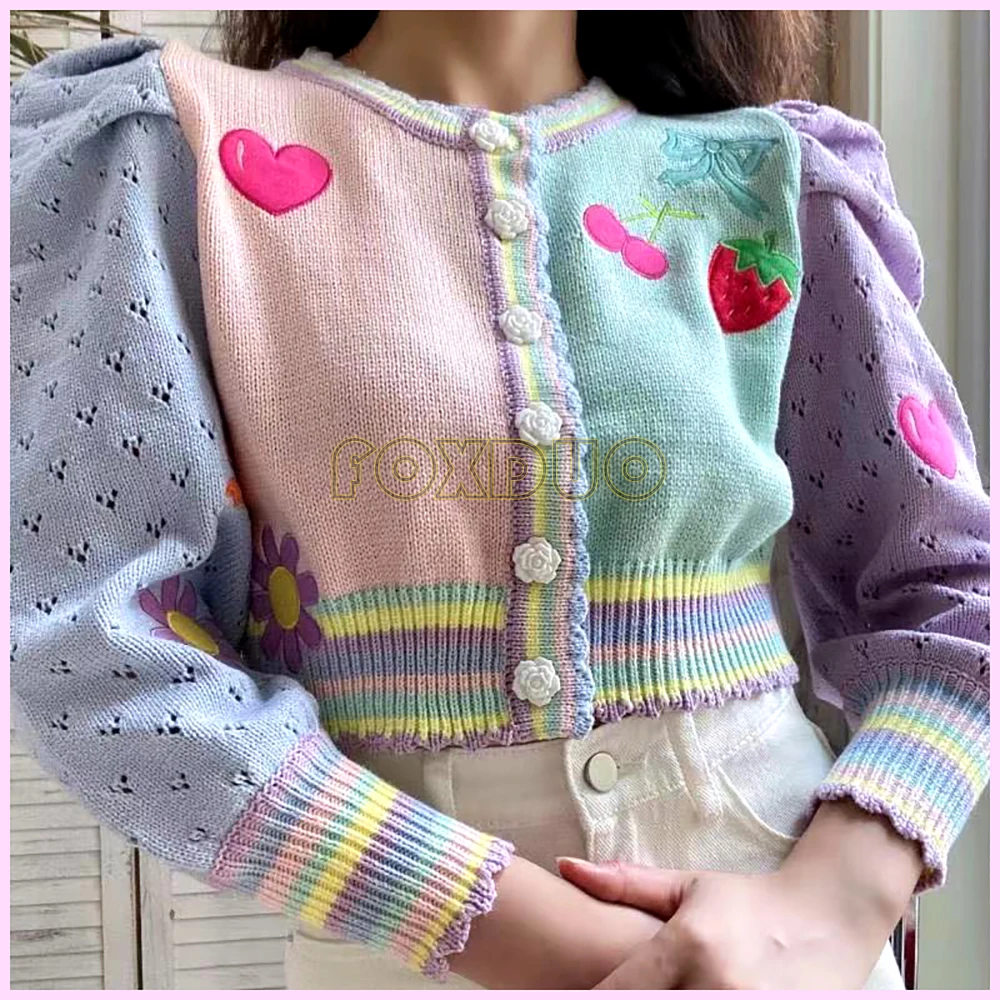 

Sweet Cute Women Knitted Cardigan Sweater y2k Girly Outwear Embroied Cherry Crop Tops Fall Clothes Korean Style Female Clothing