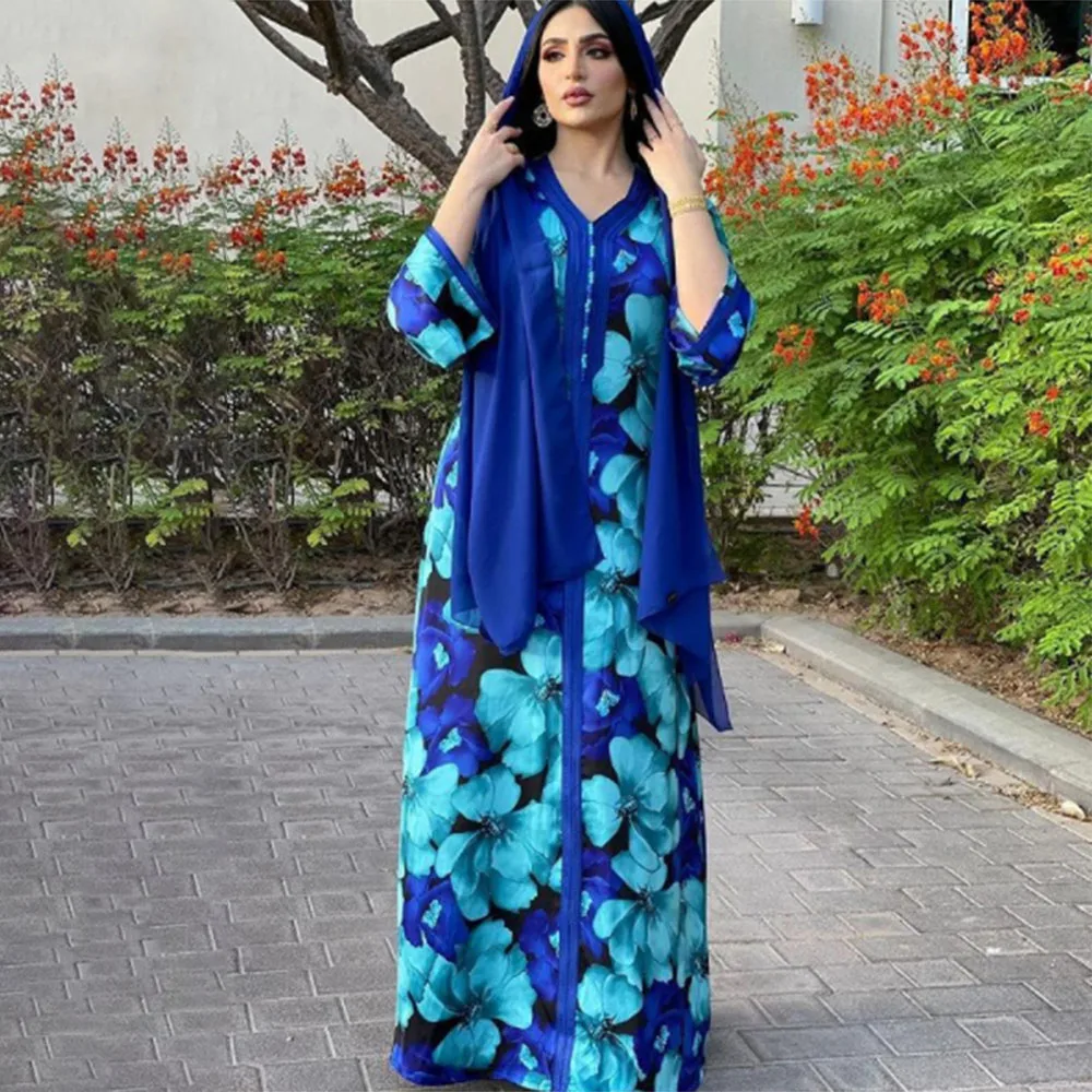

Women's New Dress Casual Fashion Simple Retro Style Long-sleeved Round Neck Flower Print Muslim Middle Eastern Ethnic Dresses