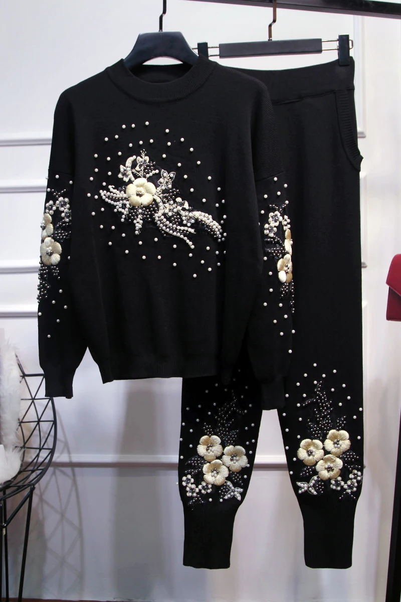 

European New Fashion Flower Pearl Two Piece Knit Sets 2020 Autumn and Winter Pullover Sweater Casual Pants Loose Tracksuit