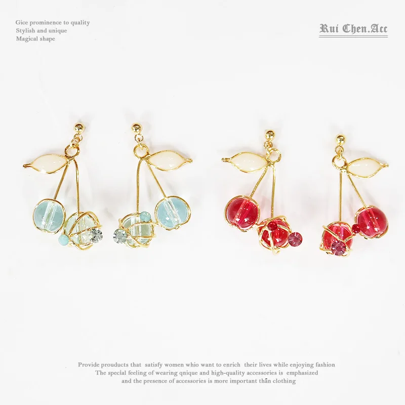 

Round Beads Cherry Cherries Oil Drop Enamel Ear Stud Clip Earrings Copper Alloy Metal Girls Ins Christmas Vintage Jewelry