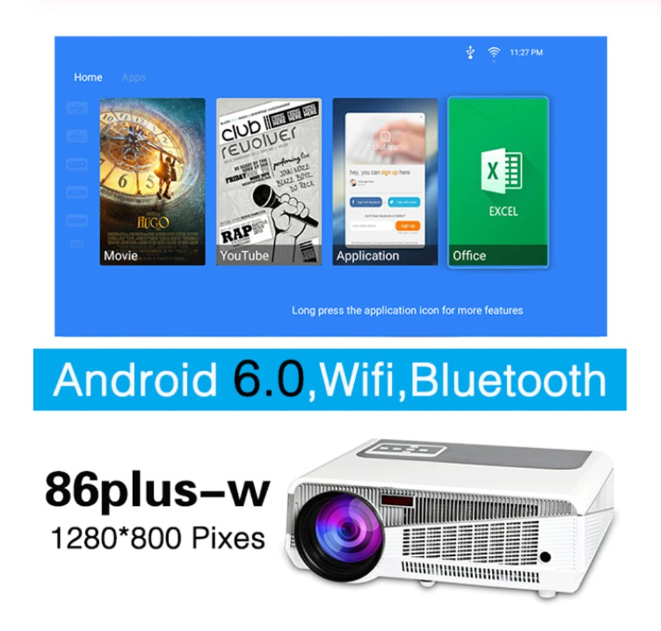 

LED 86+ Android 6.0 Version Projector for Home Theate Business 4800 Lumens Bluetooth Support FULL HD 1080P VGA WIFI Beamer