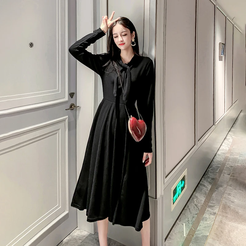 

Осенне-зимнее черное модное облегающее платье-миди в стиле Хепберн 2022, элегантное женское офисное платье для вечеринок, женское корейское П...