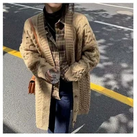 retro twist knitted sweater cardigan autumn and winter long loose thick v neck long sleeve outerwear womens long black jacket