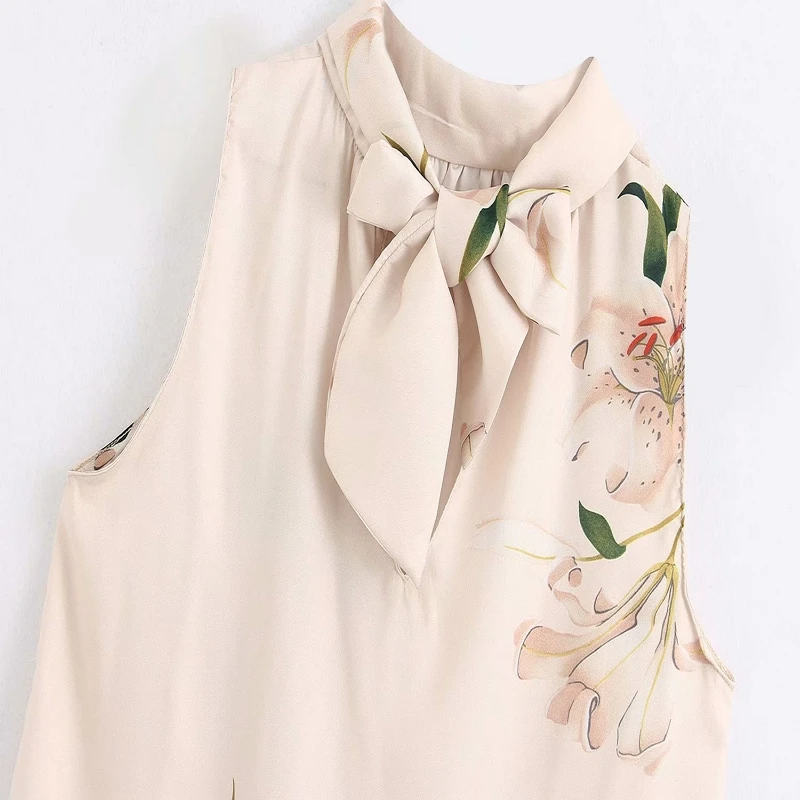 

2020 women elegant v neck bow tied flower print casual silk kimono blouse shirt women sleeveless chic brand feminina tops LS6390
