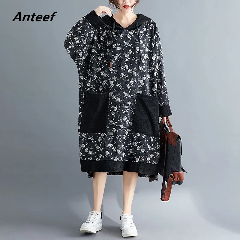 Вельветовое винтажное платье с длинным рукавом и цветочным принтом размера плюс