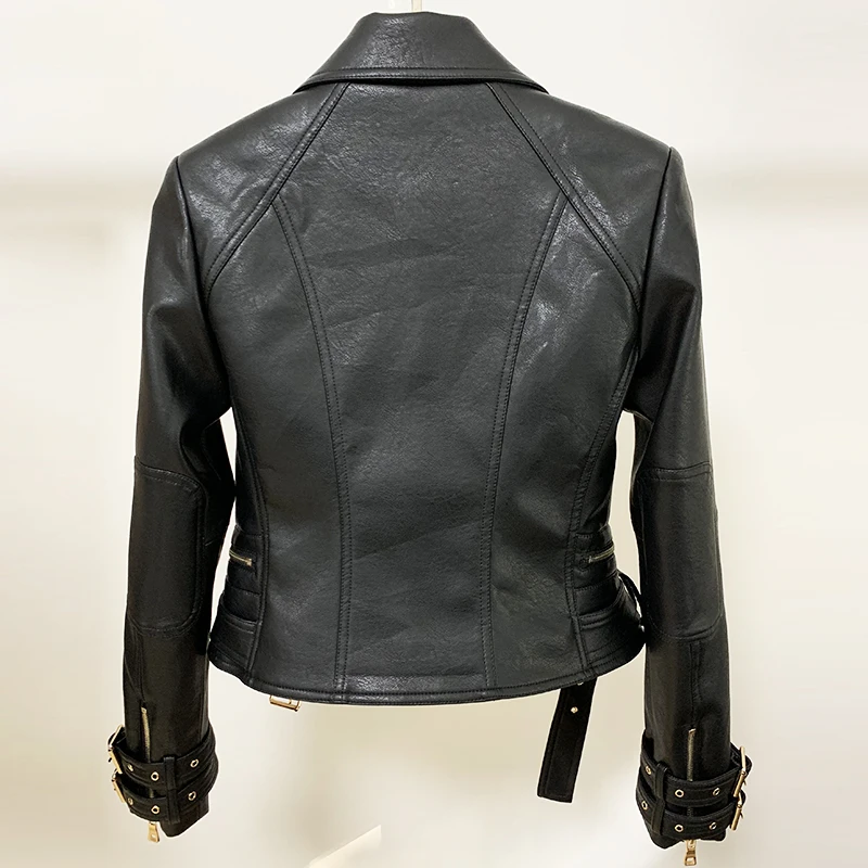 HIGH STREET 2021 New Designer Jacket Women's Lion Buttons Double Zippers Motorcycle Biker Synthetic Leather Jacket
