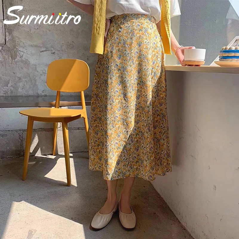 женская юбка-миди SURMIITRO желто-фиолетовые цвета длинная юбка с цветочным принтом и