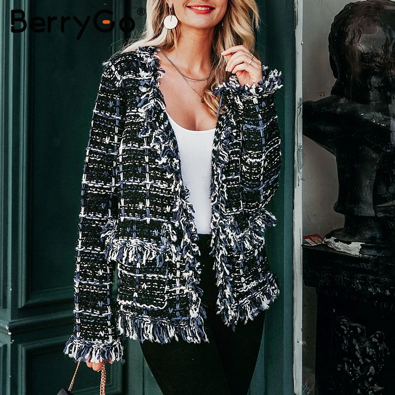 BerryGo зима плед вязаный женский офисный кардиган пальто осень теплый темно синий