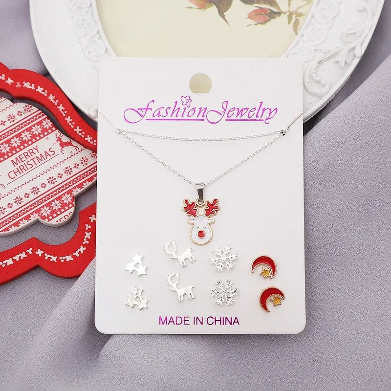 

Christmas Jewelry Set Elk Necklace Snowflake Ear Stud Female Jewelry Christmas Gift Accessories Fashion Jewelry