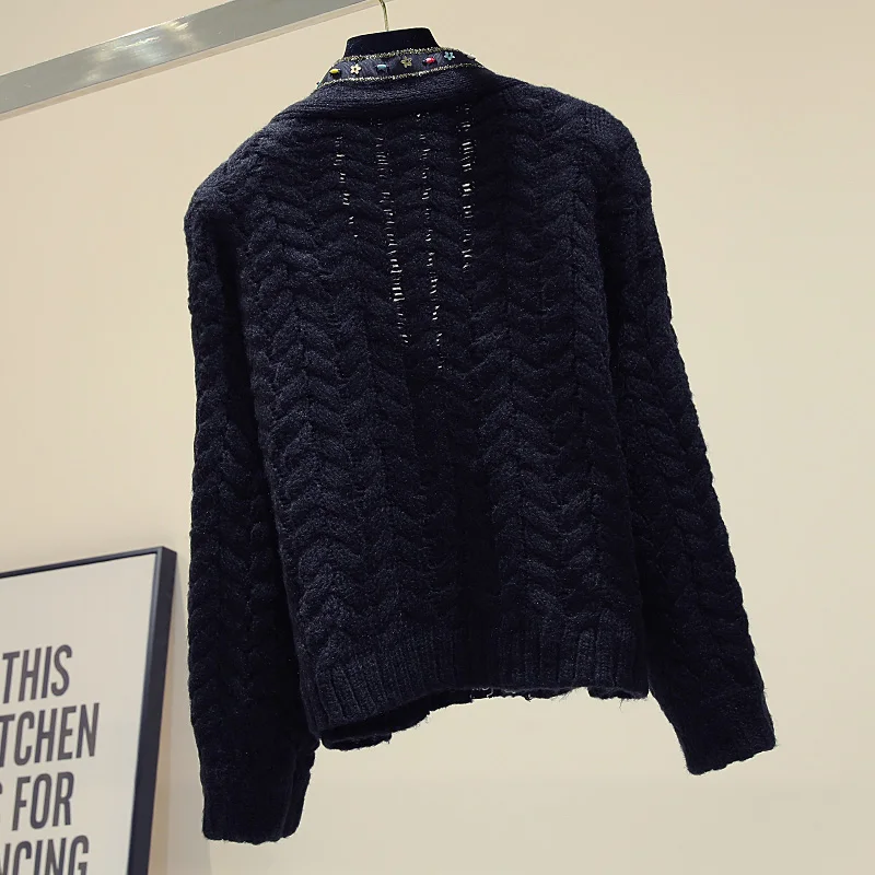 Женский вязаный свитер черный свободный джемпер с вышивкой бисером Осень-зима |