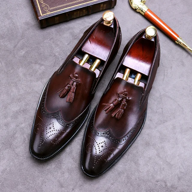 

Formal Brogue Shoes Men Classic Tassel Men Shoes Genuine Leather Slip On Office Shoes Men Elegant Luxury Dress Wedding Shoes