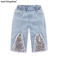 mudkingdom sparkly sequin girls crop jeans fashion wide leg for girl summer clothes elastic waist toddler cropped denim pants