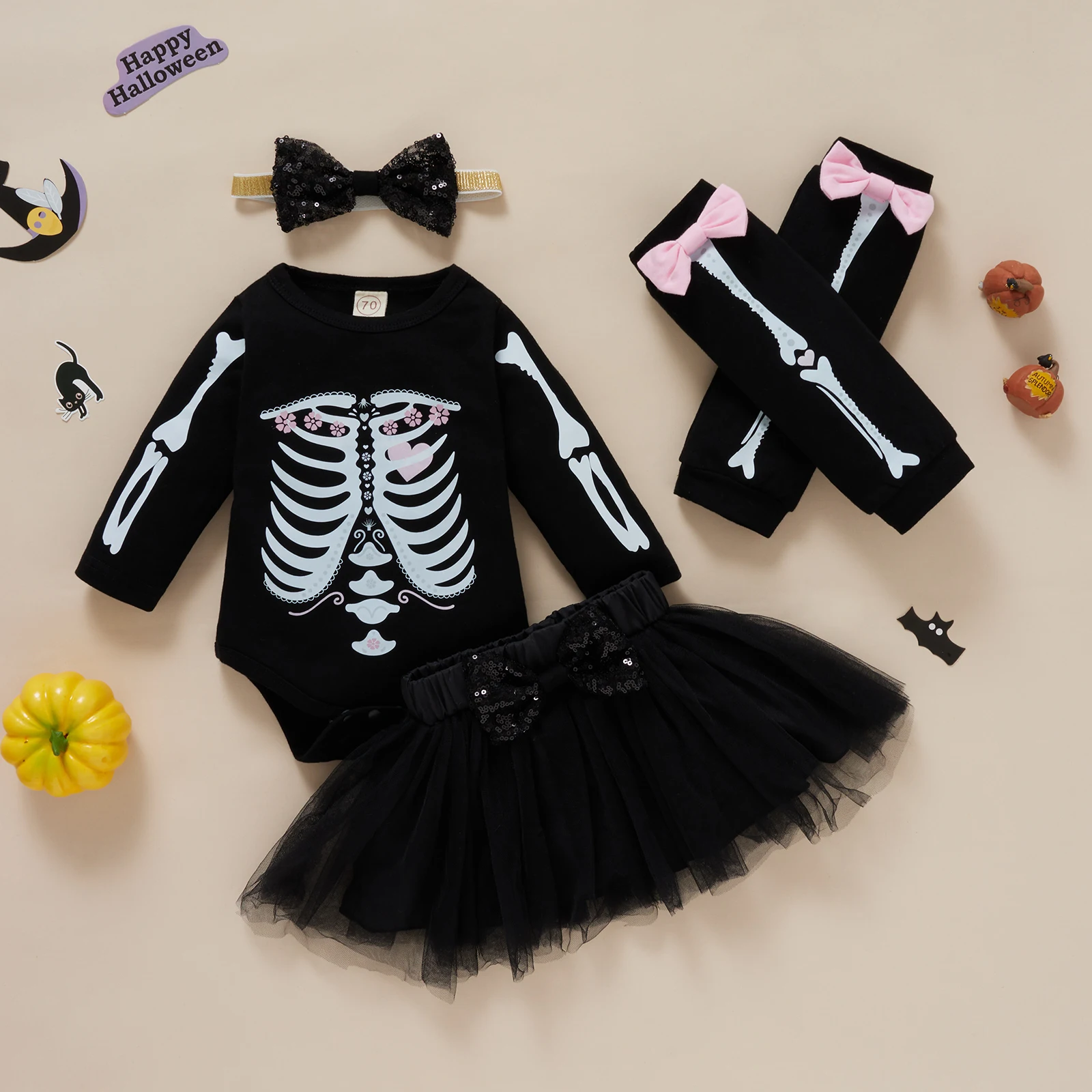 

2021 New Baby Girls Halloween Clothes Set Skeleton and Bow Knot Printed Pattern Romper, Skirt, Foot Cover and Headdress 0-12 M