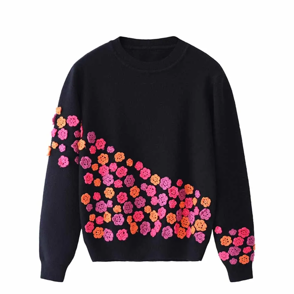 

Loose Sweater Woman 2022 New Autumn WinterWhite Embroidered Handmade Crochet Three-dimensional Flowers Sweater Jumper Tops