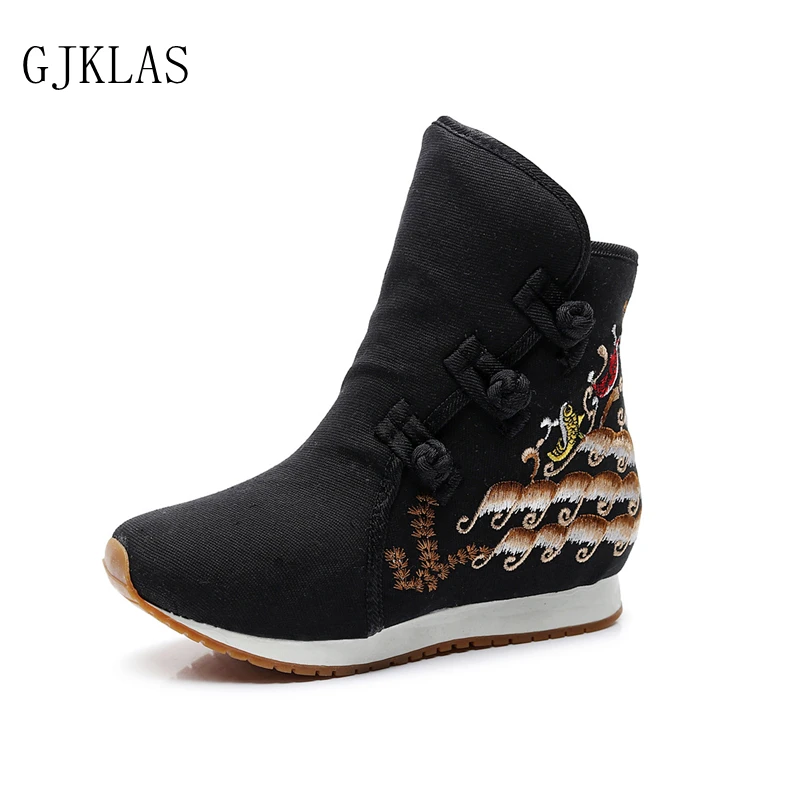 

High Top Wedge Sneakers Big Size Kitten Heels Shoes Women Ethnic Style Embroider Canvas Platform Boots Womens Sneakers Fashion