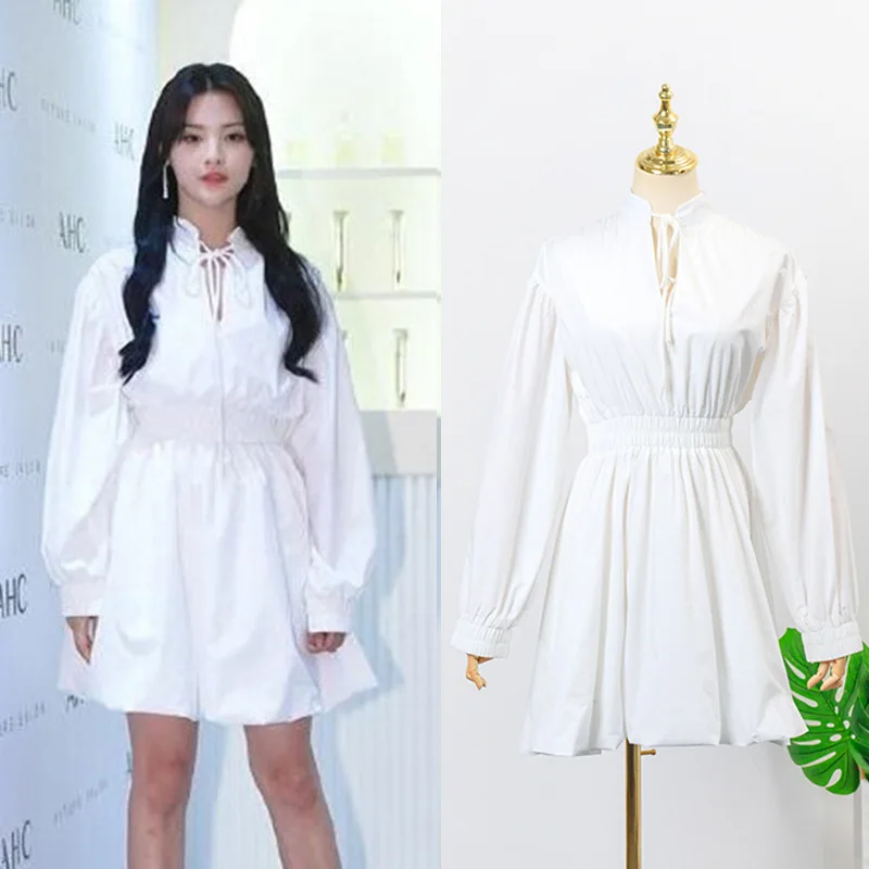 Kpop IU Lee Ji Eun белое милое платье с высокой талией и длинными рукавами женские летние