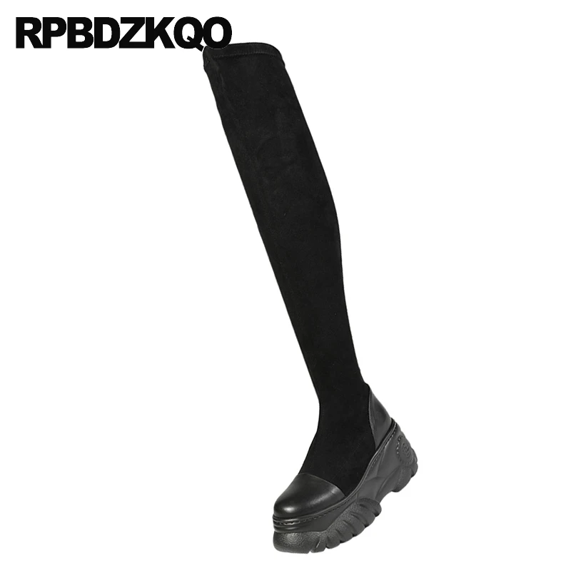 Замшевые облегающие Женские сапоги до бедра высокие на платформе с высокой