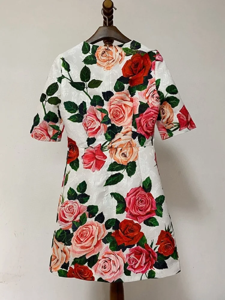 

Newest Fashion 2020 Spring Summer Women O-Neck Beautiful Rose Flower Print Beading Deco Short Sleeve White Dress Mini