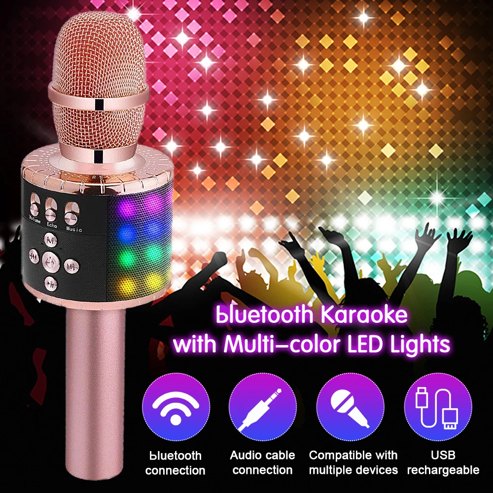 

7 Colors Led Light USB Bluetooth Wireless Pink Microphone Speaker Professional Handheld Microphone Ktv Karaoke Mic Music Player