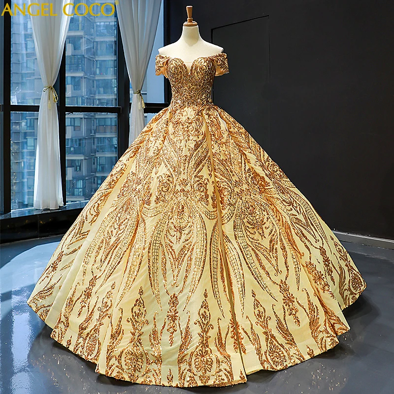 

Extremely High end Luxury Arabic Golden Evening Dresses Heavy Beading Shiny sequins Saudi Arabia Dubai Evening Gown Prom Dresses