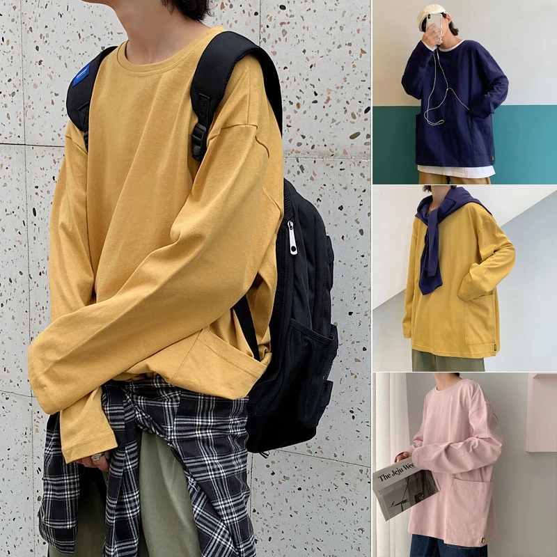 2019 весна и осень новая японская свободная футболка с длинными рукавами Мужская