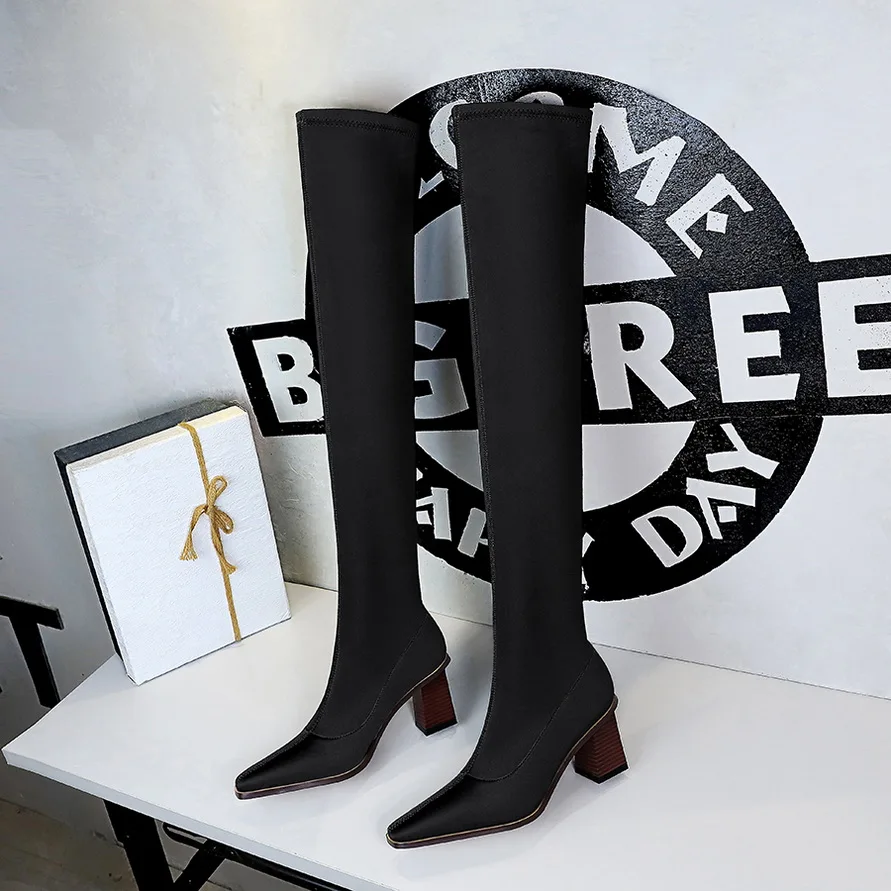 Купи BIGTREE Shoes Lycra Sexy Over-the-knee Boots Women Stretch Boots Pointed Toe High-heel Boots Autumn Winter Shoes Long Boots 2021 за 1,469 рублей в магазине AliExpress