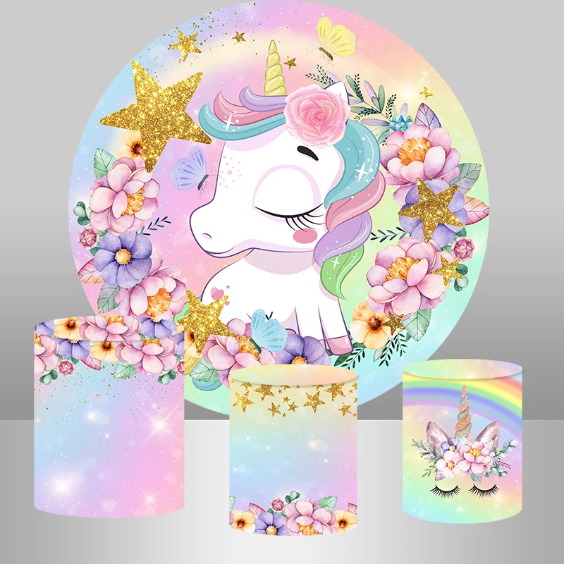 Flowers Cute Baby Unicorn Party Round Backdrop Cover Rainbow Color Glitter Gold Stars Girls 1st Birthday Background Customized
