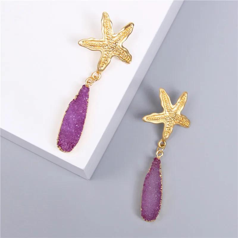 Друза природного камня серьги в виде раковины летние пляжные ювелирные изделия