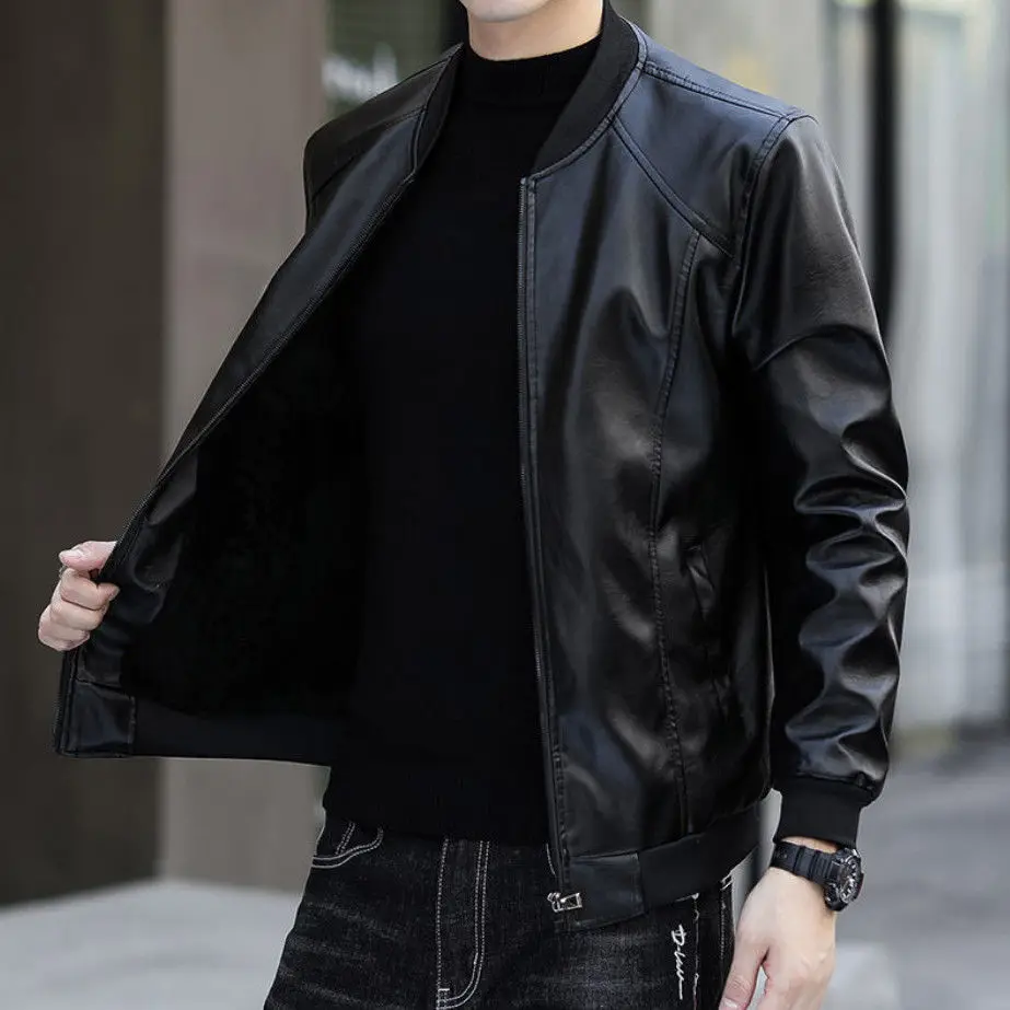 

Fashion Men's Leather Coat 2021 Autumn and Winter Plus Velvet Leather Jacket Flying Locomotive Suit Slim Casual Warm Young