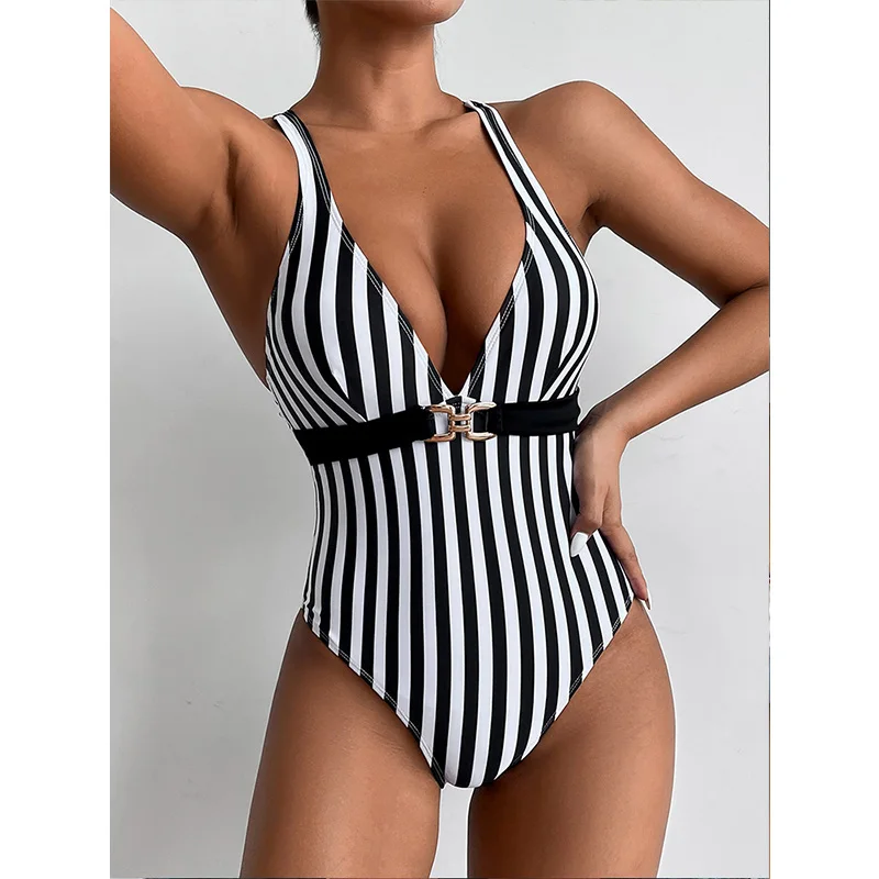 Женский слитный купальник в полоску с V-образным вырезом летний женский бикини