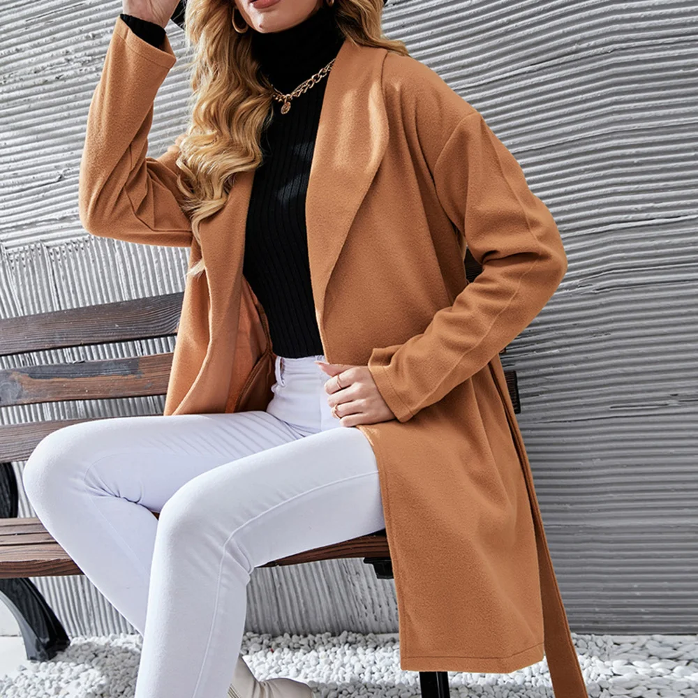 

New Autumn And Winter All-match Fashion Simple Long-sleeved V-neck Tie Woolen Coat Jacket Women's Clothing Overcoat