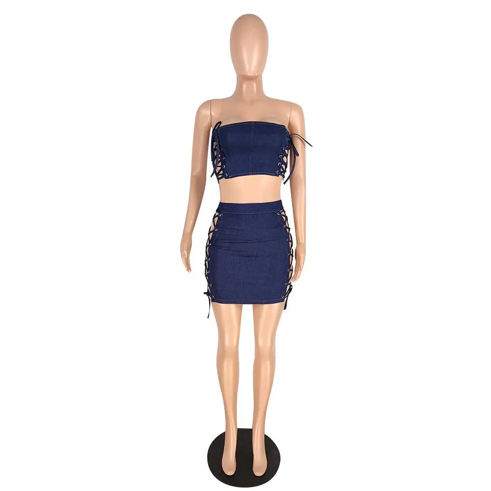 Женский джинсовый комплект повседневный топ на шнуровке с вырезом груди и юбка