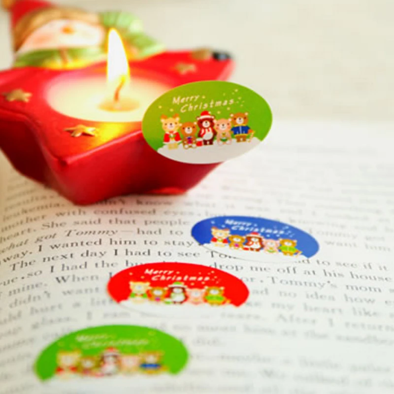 120Pcs/lot Chrismas Bear Ellipse DIY Handmade Gifts box Cookies Bags Envelope Paper Self sticker Stationery Sticker