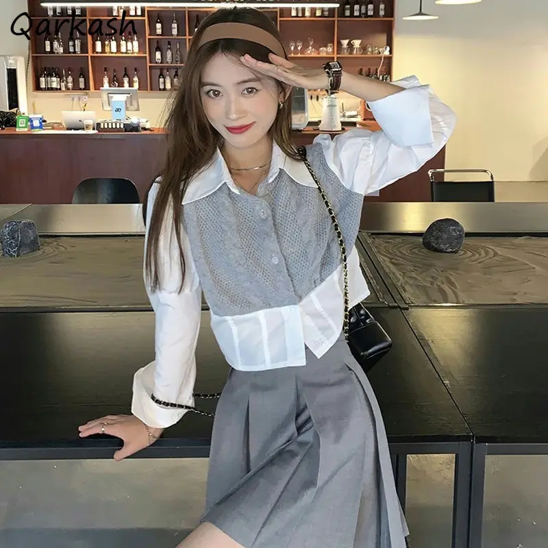 

Shirts Women Design Knitting Patchwork Long Sleeve Autumn New Cropped Ins Sweet College Korean Style Slim Cute Clothes All-match