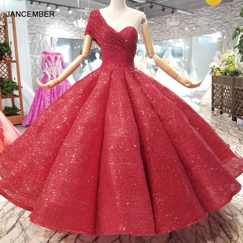 LSS074 лодыжки длиной блестящие красные свадебные платья сексуальные одно плечо