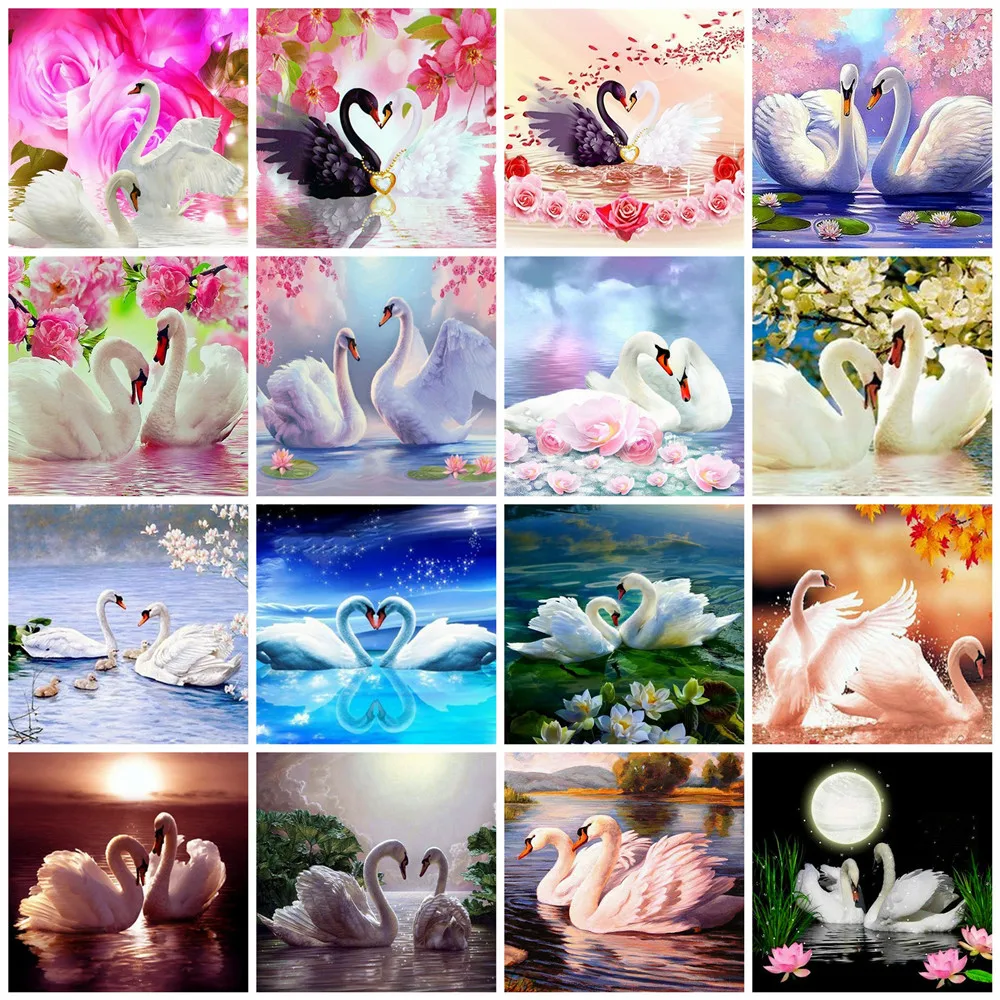 

Canvas Size 5d DIY Embroidery Cross Stitch Swan Couple Full Square Diamond Painting Mosaic Love Animal Lake Beaded Pictures
