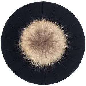Women Wool Blend Fashion Elegant Beret With Real Fur Pompom Solid Color Casual Winter French Bonnet Caps for Girls Lady Hats