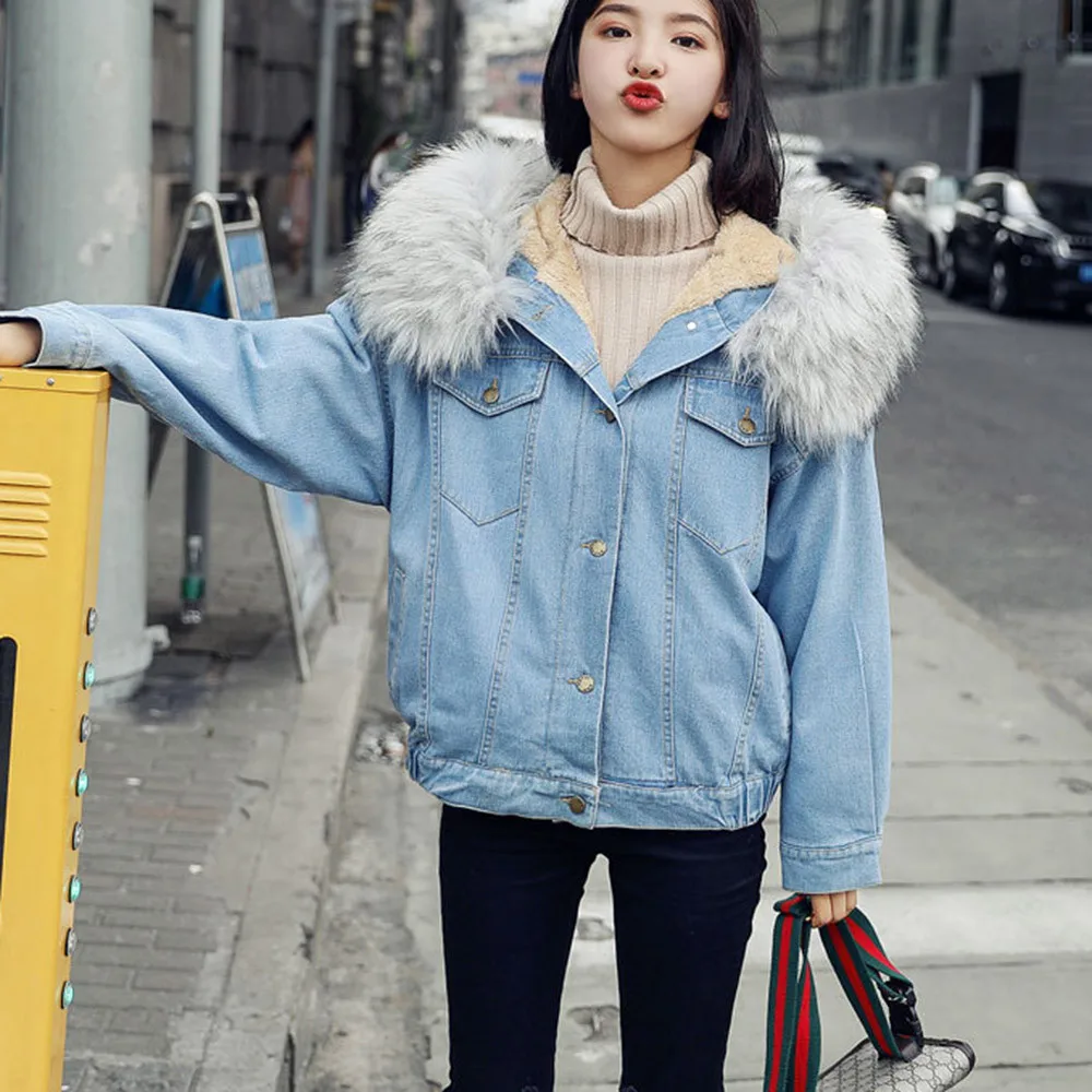 Женская зимняя модная Толстая джинсовая куртка женский зимний большой меховой