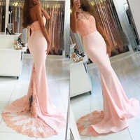 elegant 2020 prom dresses mermaid halter lace applique beaded backless party long prom gown evening dresses robe de soiree