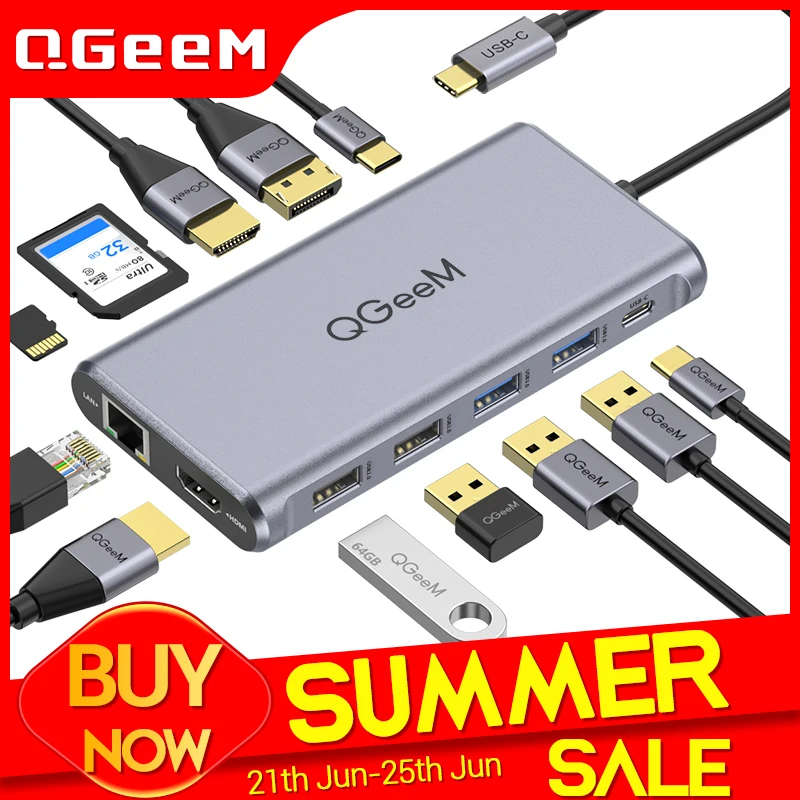 Концентратор QGeeM USB C для Macbook Pro Air с тройным дисплеем типа двух устройств чтения