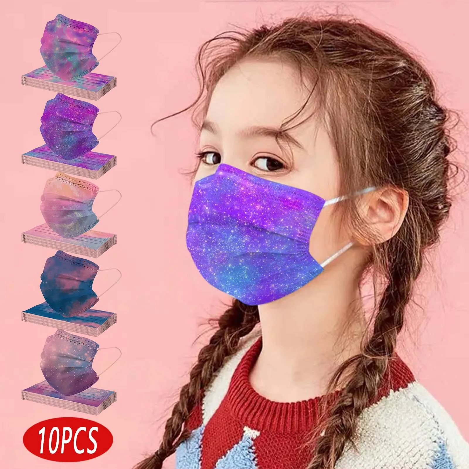 

10PCS Children Disposable Mask Tie-Dye Gradient Prints 3-Layer Kids Face Cover Mask For Kids Child Earloop Bandage Masques 2021