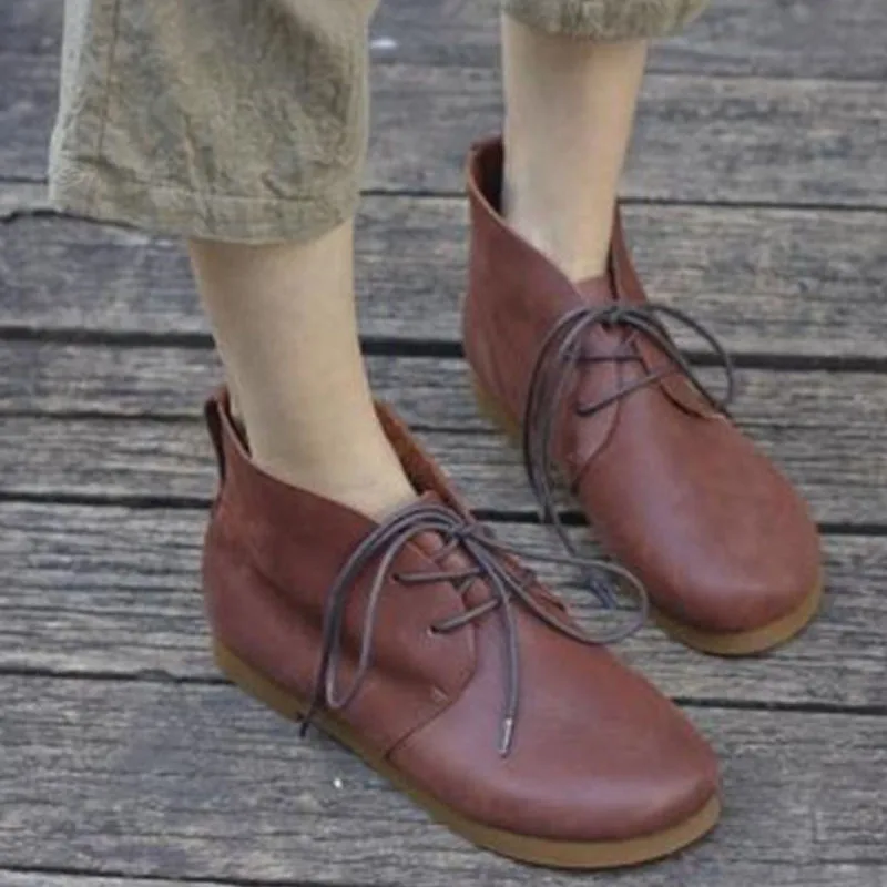 

CEYANEAO Woman Boots Plain Toe Lace up Ankle Boots for Women 100% Authentic Leather Ladies Boots Female Footwear (W189-5)