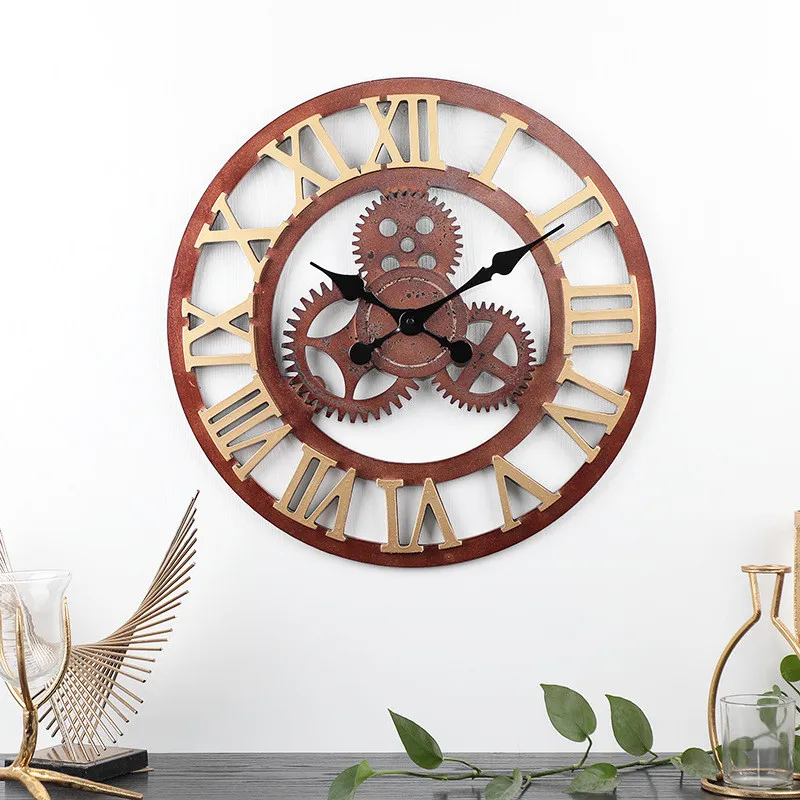 [HHT] Industrial Style Wooden Mute Wall Clock Gear Retro Hanging Sculpture Living Dining Room Creative Home Decoration | Дом и сад
