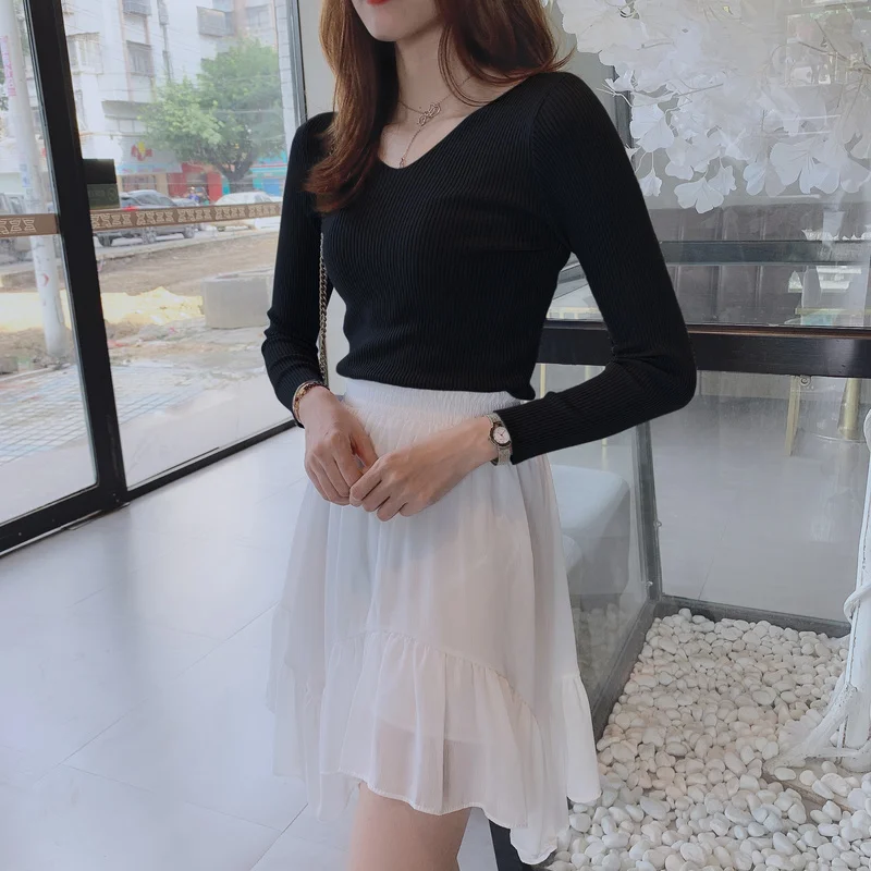 

Autumn Long Sleeve Sweater Women Fashion V-neck Knit Sweater Slim Bottoming Pullover Winter Korean Office Lady Clothing 10354