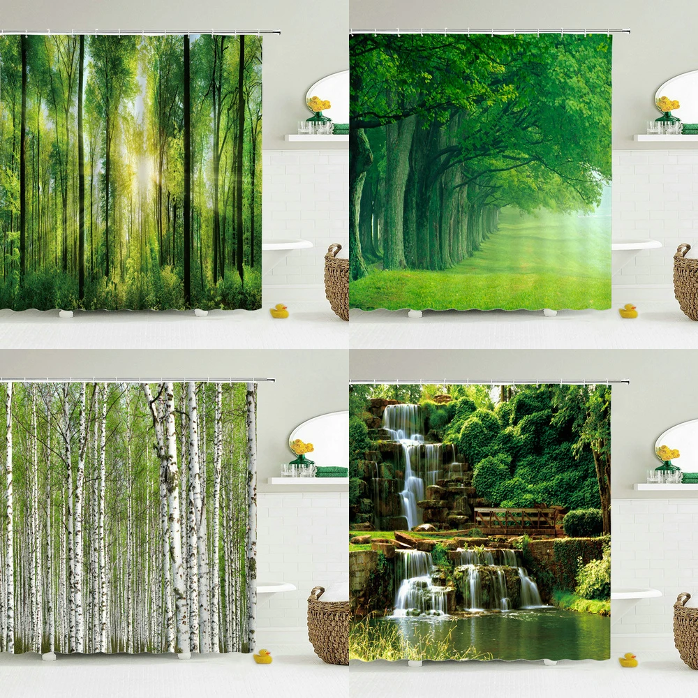 

Modern 3D Printing Forest Shower Curtain Green Plant Tree Landscape Bath Curtain with Hooks for Bathroom Waterproof Scenery