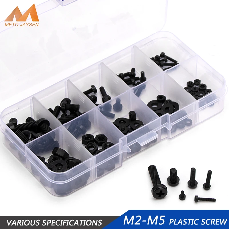 M2 M2.5 M3 M4 M5 Nylon Phillips Screw Bolts Hex Nuts Washers Set Black DIY Replacement Kits Plastic Screws Assortment Kit 150pcs